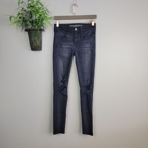 American Eagle Jegging Mid Rise Distressed Ripped Black Skinny Jeans AE 2 Y2K